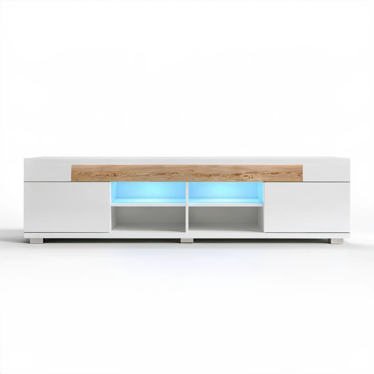 Szafka RTV z oświetleniem LED, biała/dąb naturalny/błękitna, 200 × 40 × 50 cm