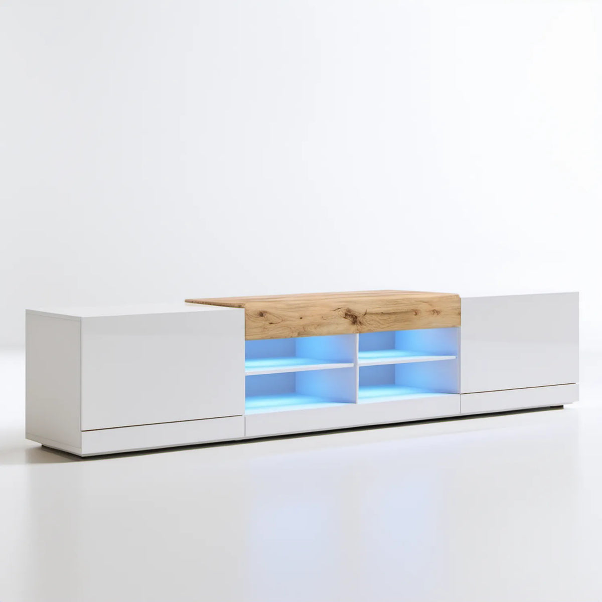 Szafka RTV 200 x 40 x 45 cm z oświetleniem LED, Biała/Dąb Naturalny/Niebieski