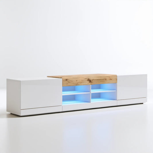Szafka RTV 200 x 40 x 45 cm z oświetleniem LED, Biała/Dąb Naturalny/Niebieski