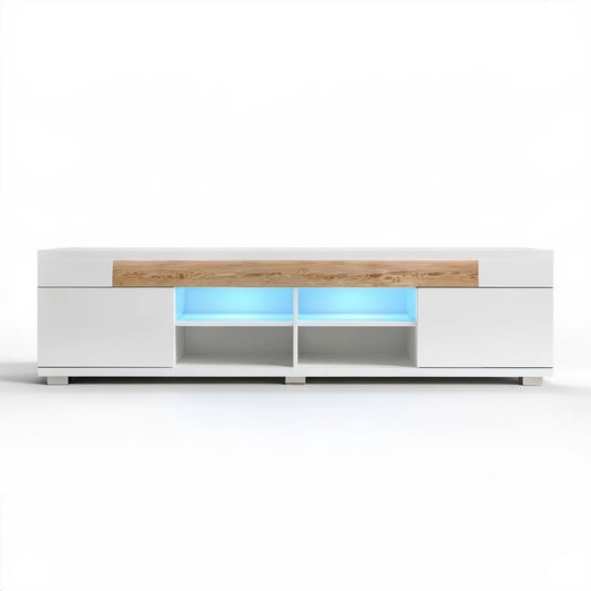 Szafka RTV z oświetleniem LED, biała/dąb naturalny/błękitna, 200 × 40 × 50 cm