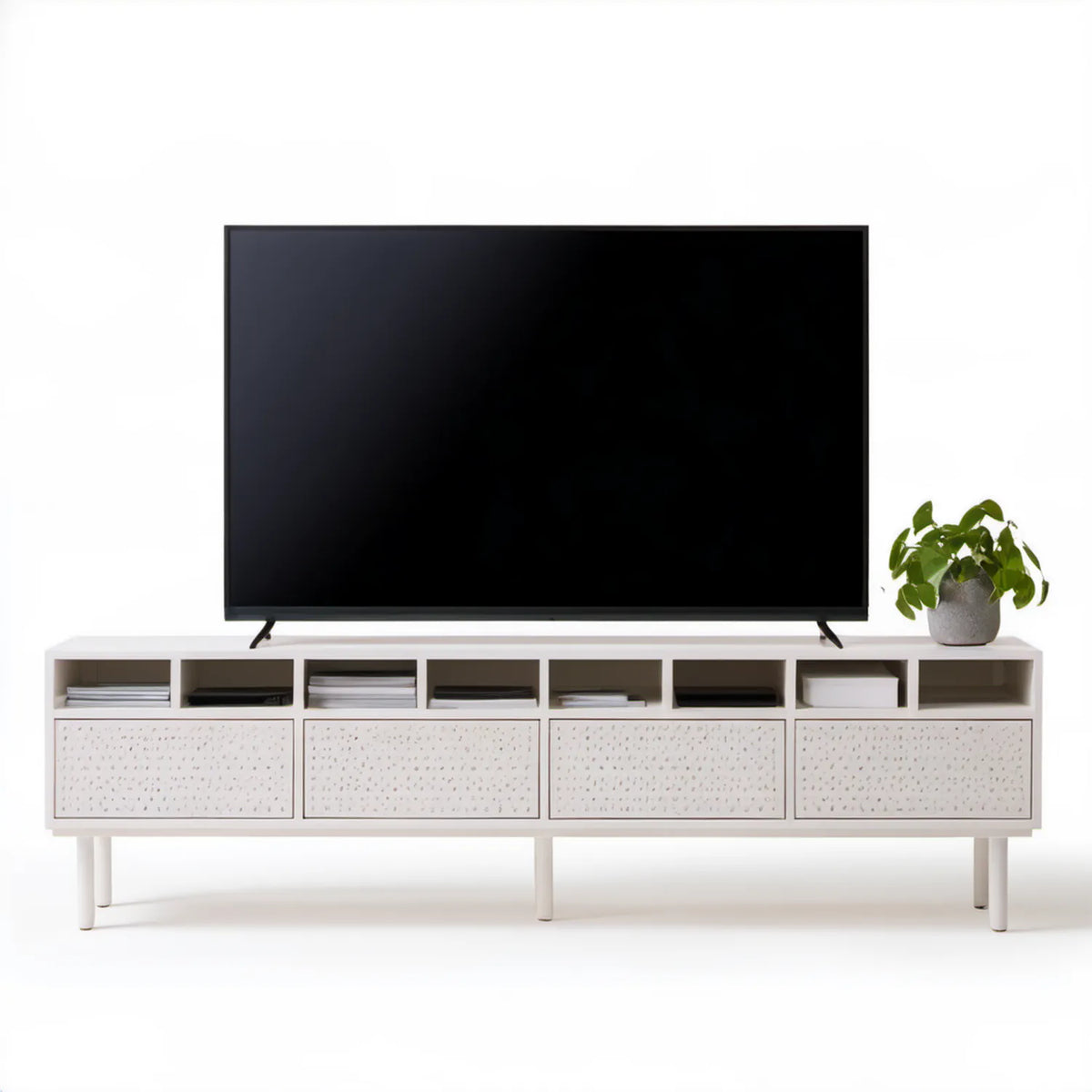 Biała szafka RTV z płyty MDF 200 x 40 x 60 cm, 4 drzwi i 8 wnęk