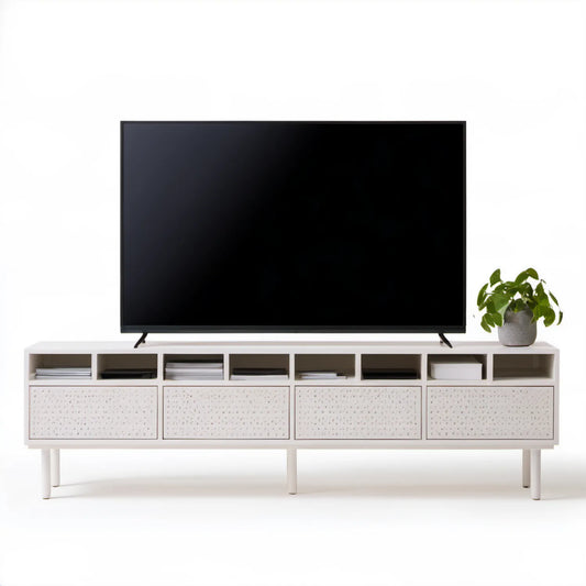 Biała szafka RTV z płyty MDF 200 x 40 x 60 cm, 4 drzwi i 8 wnęk