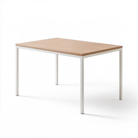 Prostokątny stół 120 x 80 x 75 cm z blatem MDF w dekorze jasnego dębu i białymi stalowymi nogami