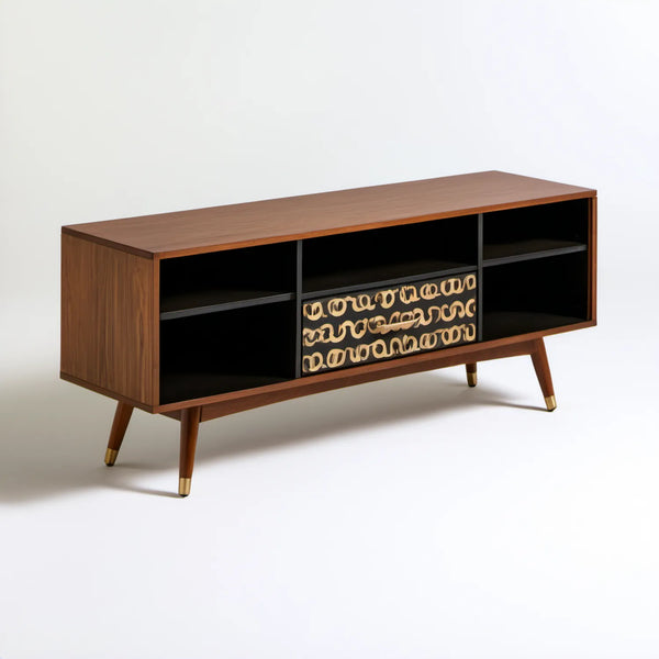 Szafka RTV retro z 4 wnękami i szufladą, orzechowa/czarna/złota, 160 × 40 × 70 cm