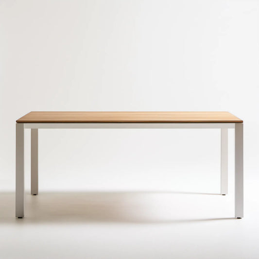 Prostokątny stół z blatem MDF w fornirze jasnego dębu i białą stalową podstawą, 140 x 80 x 75 cm