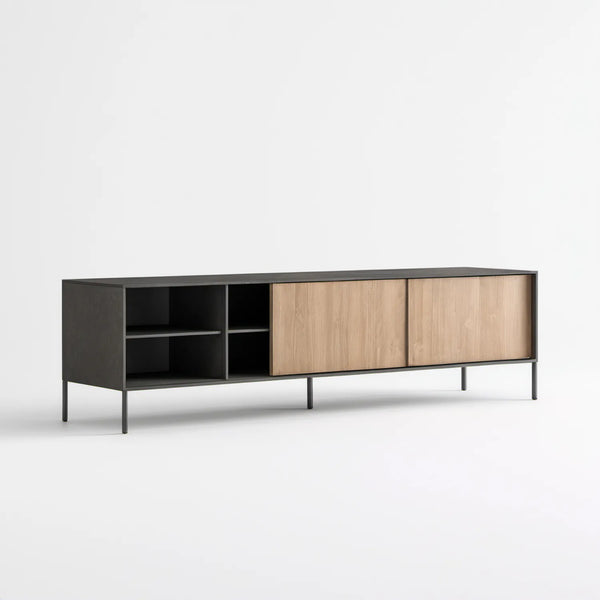 Szafka RTV z płyty laminowanej czarna z frontami w kolorze jasnego dębu, 180 × 40 × 65 cm